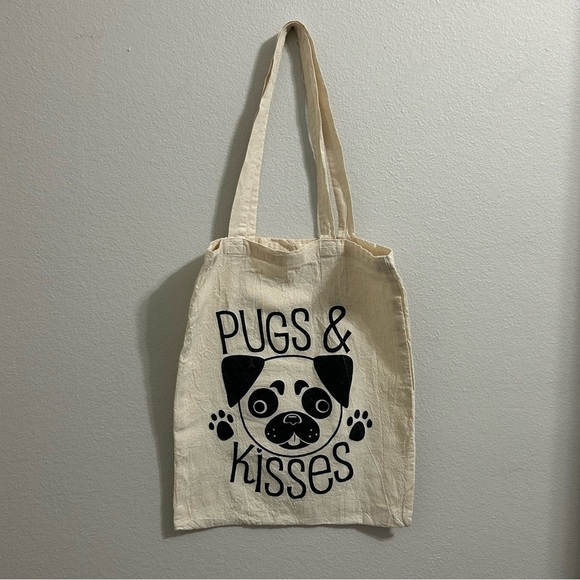 Pugs and Kisses Tote Bag 100% Cotton Library or Shopping Bag Cream Dog Lover - Picture 1 of 5